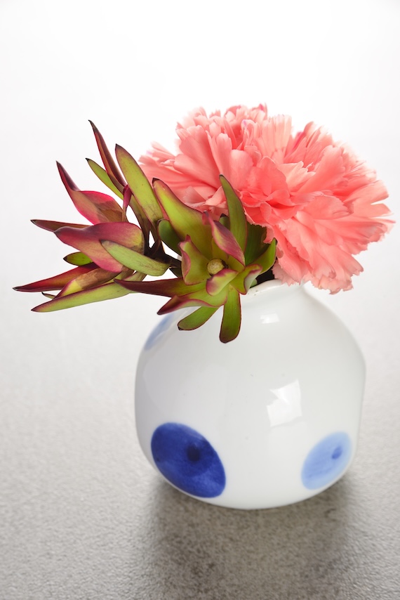 ピンクのカーネーションとリューカデンドロンの水玉花瓶