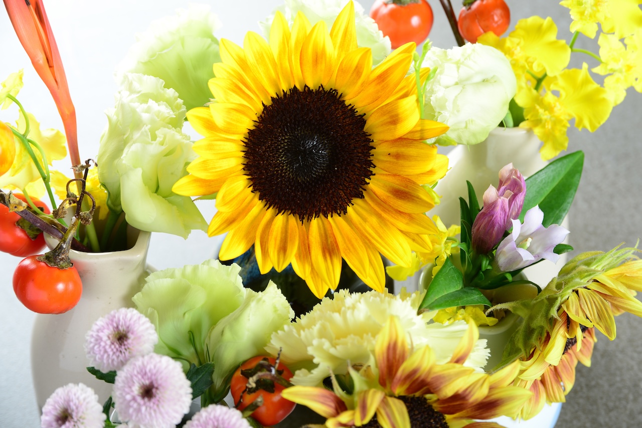 秋の花々の俯瞰 ひまわりを中心に