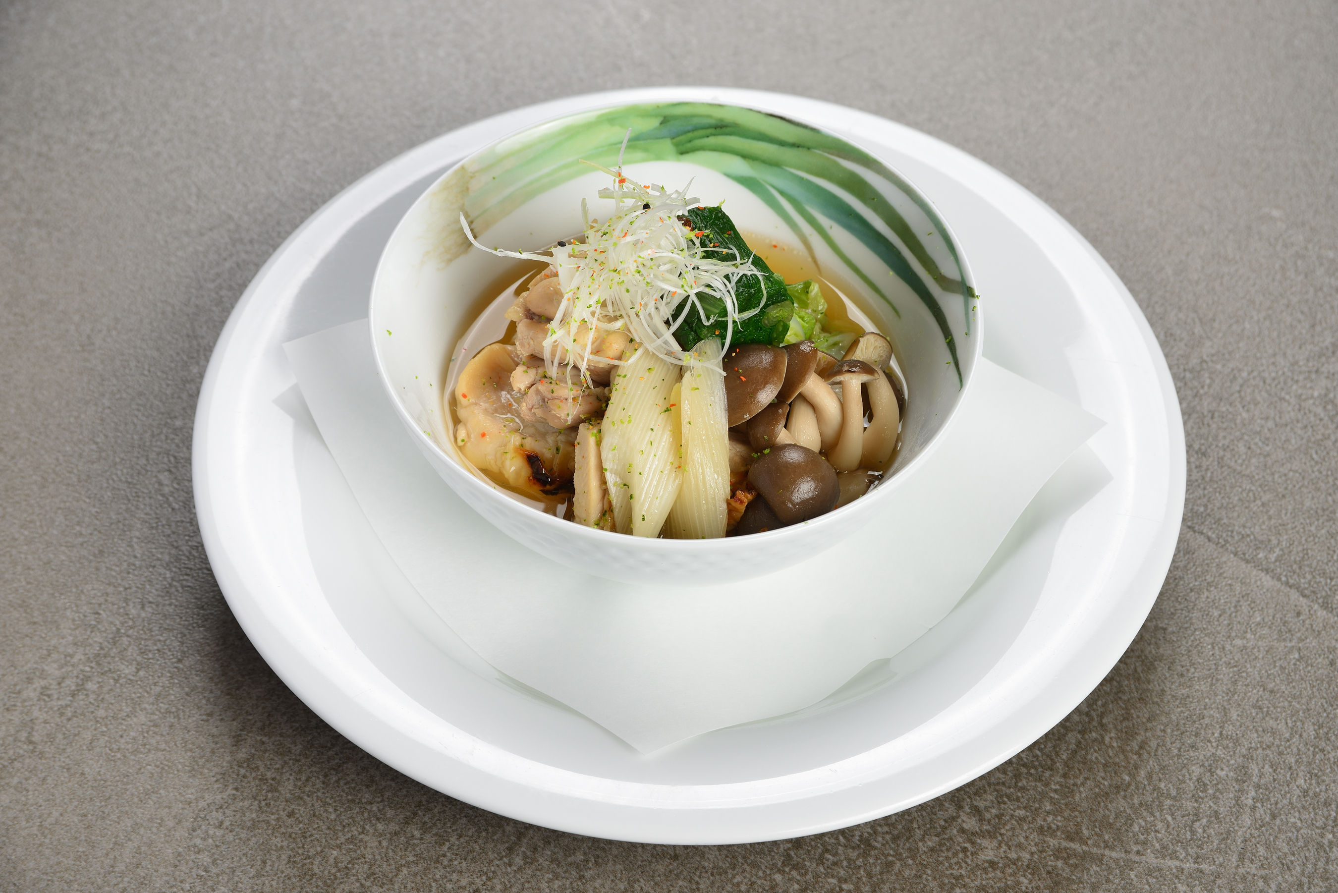 鶏と焼きねぎ、きのこの煮物